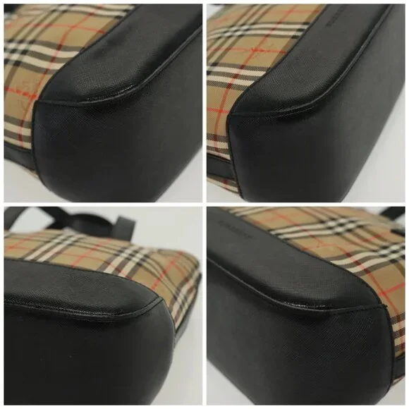 BURBERRY Nova Check Hand Bag Canvas Beige Gold Auth th6248